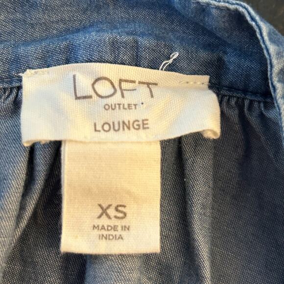 LOFT Lounge Blue Denim Chambray Boho Western Top Long Sleeve Embroidery XS - Picture 5 of 6